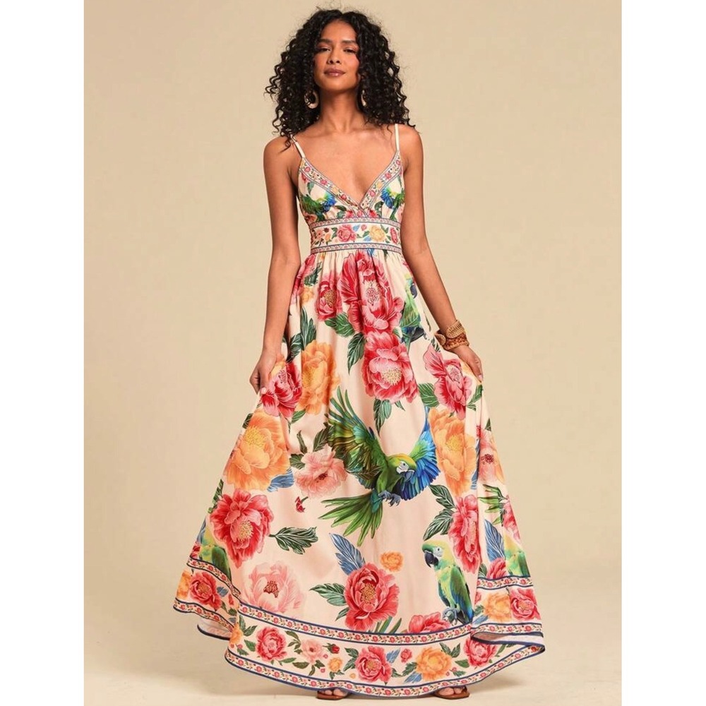 Tropical Garden Cream Floral Parrot Print Maxi Dress Large‎ V-Neck Smocked